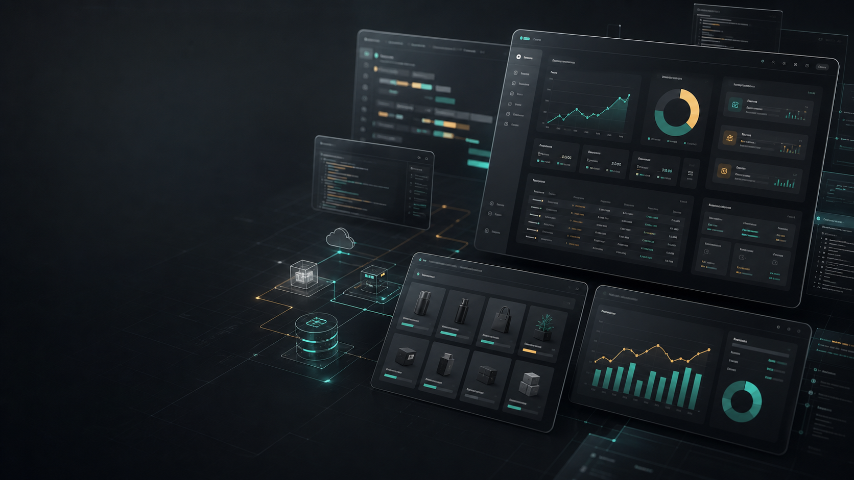 Layered cloud software dashboards and architecture panels